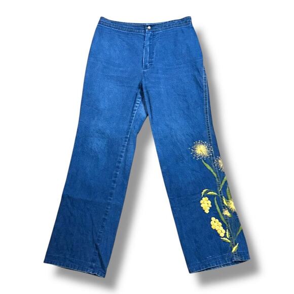 Vintage Denim - VTG High Rise Wide Leg Jeans Womens Floral Embroidered Bareback Denim NO STRETCH